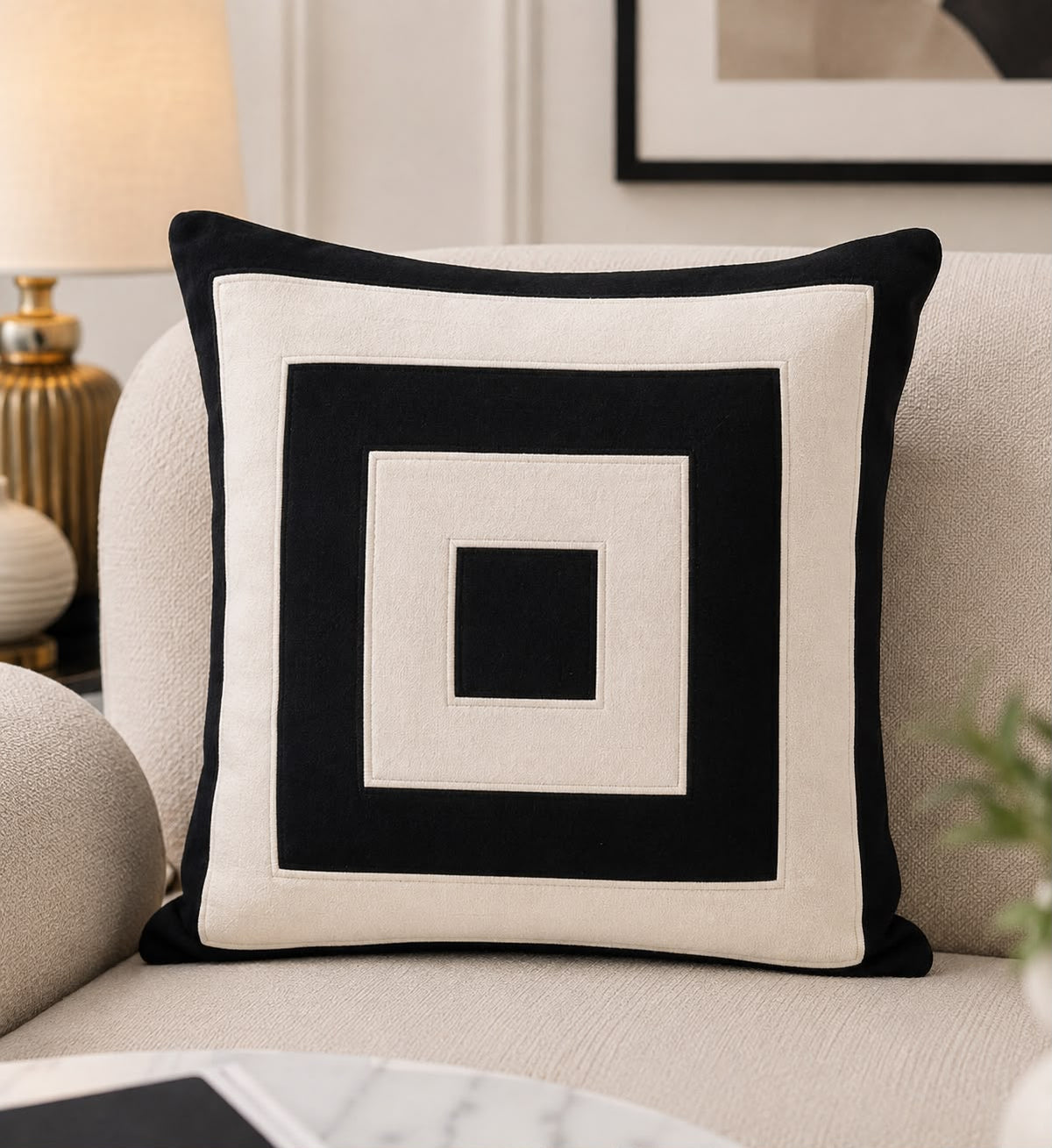 HIGH ST BRAND - Kelly Hoppen Cut Square Cushion – Monochrome Cotton Appliqué Scatter Cushion 45